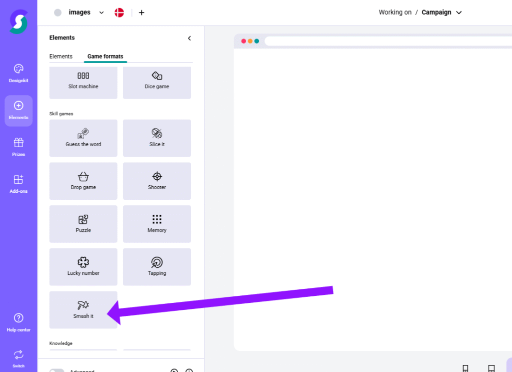 Screenshot einer Gamification-Software: Links Auswahl verschiedener Spiel- und Wettbewerbsformate, ein großer violetter Pfeil zeigt vom „Smash it“-Button auf ein leeres E-Sports-Fenster rechts – ideal für Gewinnspiele und interaktive Wettbewerbe.