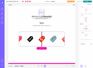 Computerbildschirm zeigt Gamification-Software mit „Spin & Win“-Gewinnspiel, Geschenk-Symbol und Bearbeitungsmenü – interaktive Marketing-Plattform für Wettbewerbe und Kundenbindung.