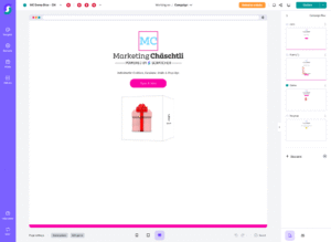 Webeditor für Gamification-Software mit Marketing Chäschtli Kampagne, interaktiver 3D Geschenkbox, rotem Geschenk und Bearbeitungstools – Gewinnspiele und Wettbewerbe gestalten.