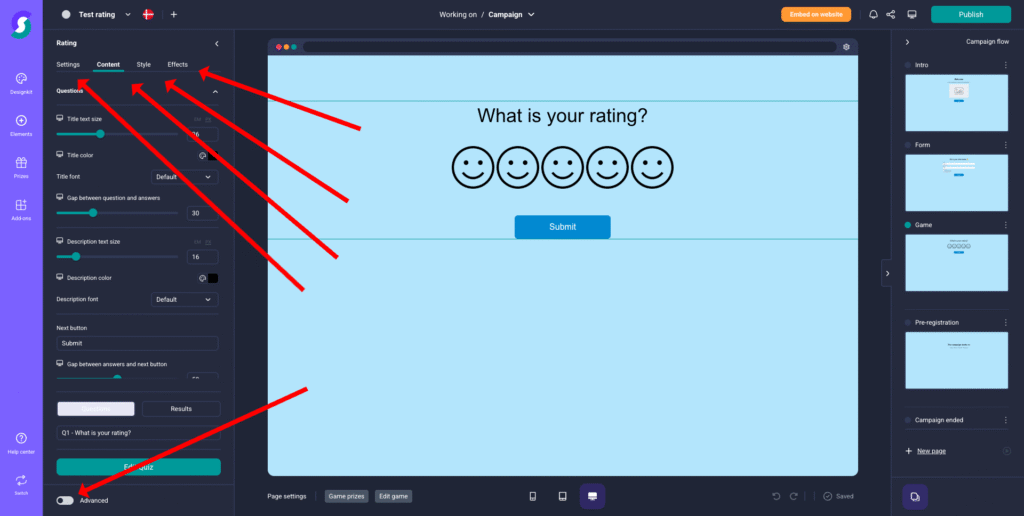 SEO-optimierter Alt-Text: Screenshot eines Umfrage-Builders mit Smiley-Bewertungsfrage; Rote Pfeile markieren Optionen wie Text, Inhalt, Effekte und erweiterte Einstellungen zur individuellen Gestaltung – ideal für Gamification-Software, Gewinnspiele und Wettbewerbe.