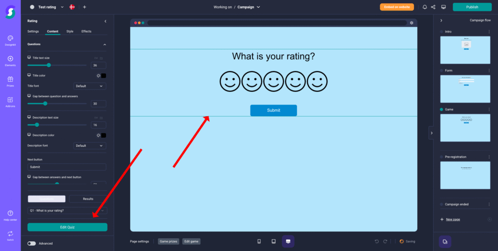 Benutzeroberfläche eines Umfrage-Editors einer Gamification-Software mit hellblauem Bildschirm, Fünf-Sterne-Bewertung über Smileys, hervorgehobenen „Quiz bearbeiten“- und „Absenden“-Buttons sowie Bearbeitungsoptionen für Online-Gewinnspiele und Wettbewerbe.