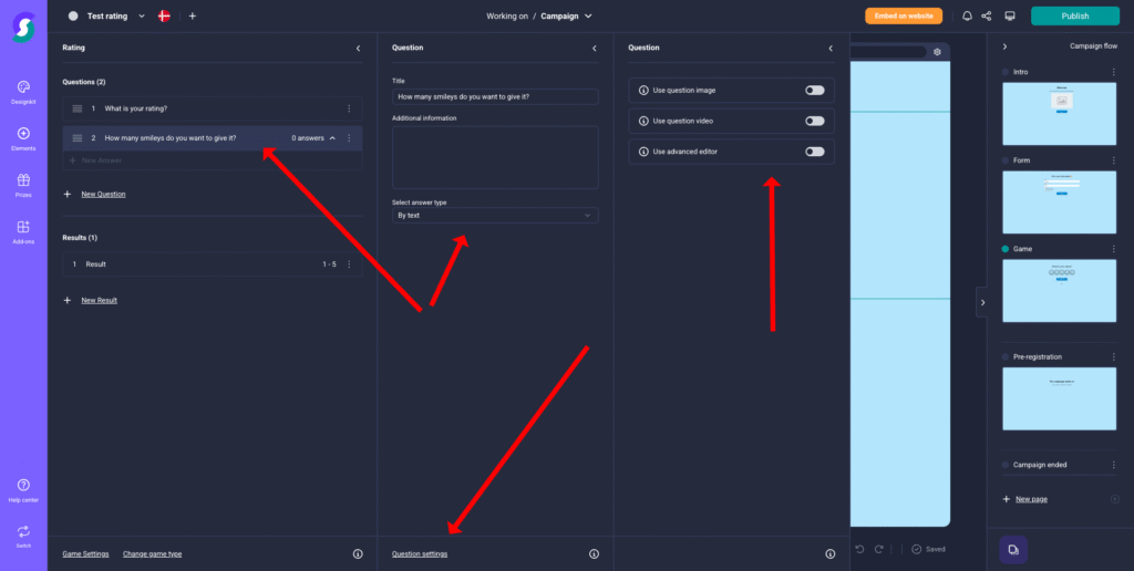 Alt-Text (SEO-optimiert, kurz und informativ): Dunkles Interface einer Gamification-Software zur Erstellung von Umfragen mit angezeigten Antwortfeldern, Einstellungsmöglichkeiten und interaktiven Elementen für Gewinnspiele und Wettbewerbe.