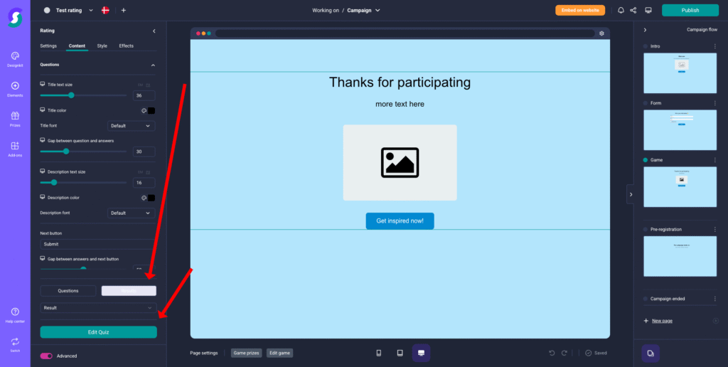 Benutzerfreundliches Interface einer Gamification-Software mit Kampagnen-Editor; Rote Pfeile zeigen, wie Optionen wie „Fragen“ und „Quiz bearbeiten“ im linken Menü das Quiz-Vorschaufenster beeinflussen; „Danke“-Nachricht und Bild-Platzhalter sichtbar.