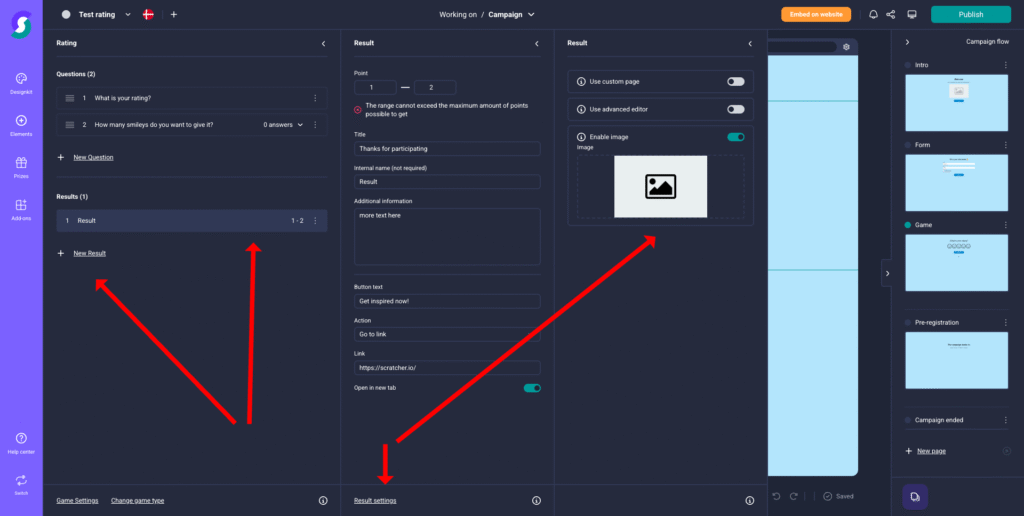 Screenshot einer Umfrage-Erstellungsoberfläche mit roten Pfeilen auf den Bereich „Ergebnis“, die Schaltfläche „Break Actions“ und den Bild-Upload, zur Veranschaulichung wichtiger Schritte bei der Optimierung von Umfrageergebnissen und Workflows in Gamification-Software, Gewinnspiel- und Wettbewerbs-Tools.