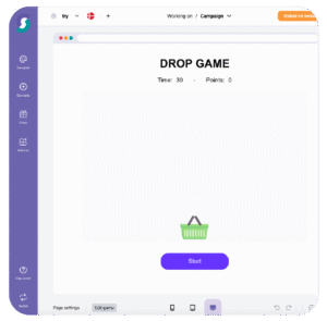 Screenshot einer Gamification-Software mit „DROP GAME“-Webseite, Timer, Punktestand, Start-Button und bunten Navigationssymbolen auf violetter Seitenleiste – ideal für Gewinnspiele und Online-Wettbewerbe.