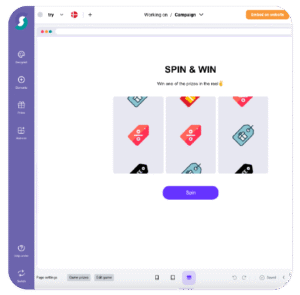 Digitale Benutzeroberfläche einer Gamification-Software mit „Spin & Win“-Glücksspiel: Drei drehende Felder zeigen Gewinnsymbole, ein Spin-Button und seitliche Navigation; Überschrift fordert zur Teilnahme an einem Gewinnspiel für echte Preise auf.