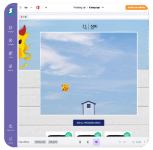 Bild eines Computers mit geöffneter Gamification-Software: Ein fröhlicher, gelber Sonnen-Charakter schwebt im blauen Himmel über einem Haus mit blauem Dach; Oben sind Punktestand und Timer sichtbar. Navigationsmenü und bunte Buttons zeigen Funktionen für Gewinnspiele und Wettbewerbe.