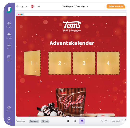 SEO-optimierter Alt-Text: Screenshot eines Website-Editors mit rotem Adventskalender-Gewinnspiel f&uuml;r vier nummerierte T&uuml;rchen und S&uuml;&szlig;igkeiten unten, ideal zum Online-Adventskalender erstellen mit Gamification-Software.