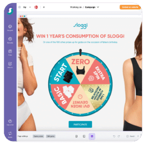 Interaktive Glücksrad-Gamification erstellen mit Feldern wie Zero, Extra Spin und Divine Genius auf einer Gewinnspiel-Webseite; Darunter ein „Teilnehmen“-Button, seitlich teilweise zwei Frauen in Unterwäsche sichtbar.