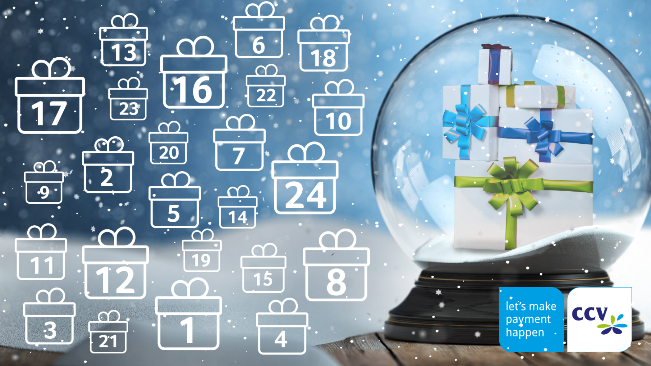 SEO-optimierter Alt-Text: Interaktiver Adventskalender mit 24 nummerierten Geschenk-Icons und Schneekugel vor winterlicher Kulisse; CCV-Logo und Slogan &bdquo;Let&rsquo;s make payment passieren&ldquo; stehen f&uuml;r sichere Zahlungen bei Gamification-Gewinnspielen und Wettbewerben.