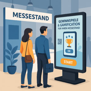 Zwei Personen stehen vor einem modernen Messestand mit digitalem Bildschirm, der Gamification-Software, Gewinnspiele und Wettbewerbe bewirbt; auf dem Display sind Pokal-Icon, QR-Code und großer START-Button sichtbar.