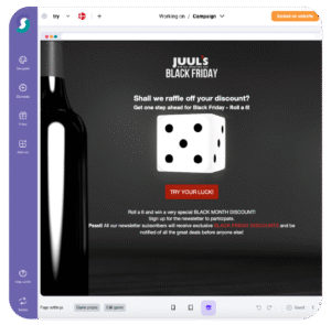 Gewinnspiel-Website mit Weinflasche, Würfel und Black-Friday-Aktion: Nutzer würfeln eine 6, um exklusive Rabatte zu gewinnen und sich für den Newsletter anzumelden – Beispiel für Gamification-Software und Wettbewerbe.