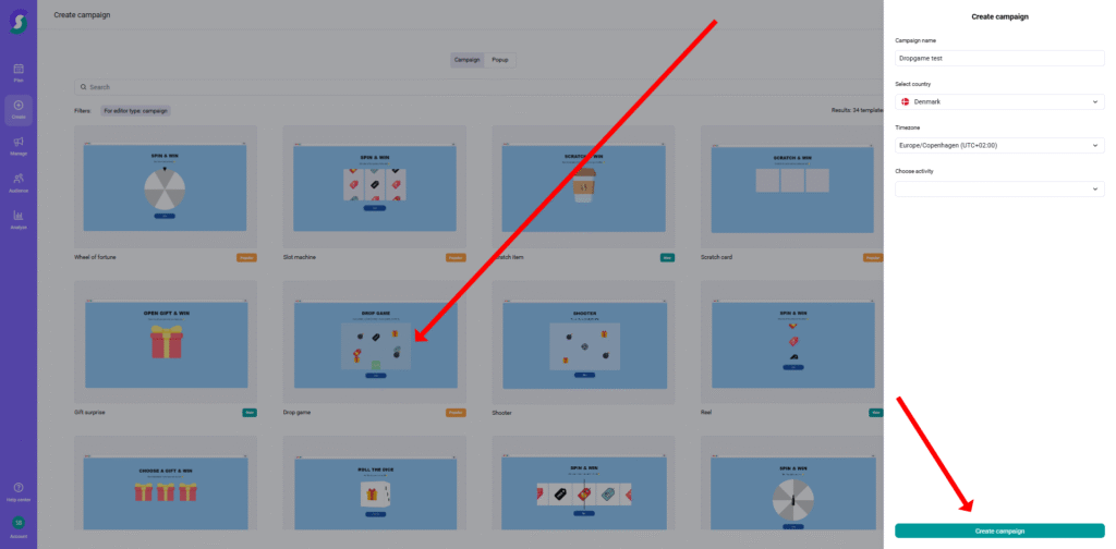 Screenshot einer Gamification-Software: Web-Oberfläche zur Erstellung von Gewinnspiel-Kampagnen, mit rotem Pfeil von Spielevorlage zum „Kampagne erstellen“-Button im Seitenmenü.