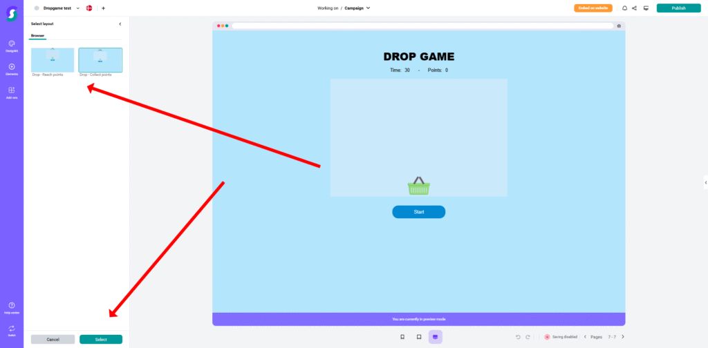Weboberfläche eines Drop Games mit Start-Button und Korb-Icon; linke Seitenleiste zur Auswahl von Bildern für Gamification-Gewinnspiele, zwei rote Pfeile leiten Spieler in das interaktive Spiel-Feld.