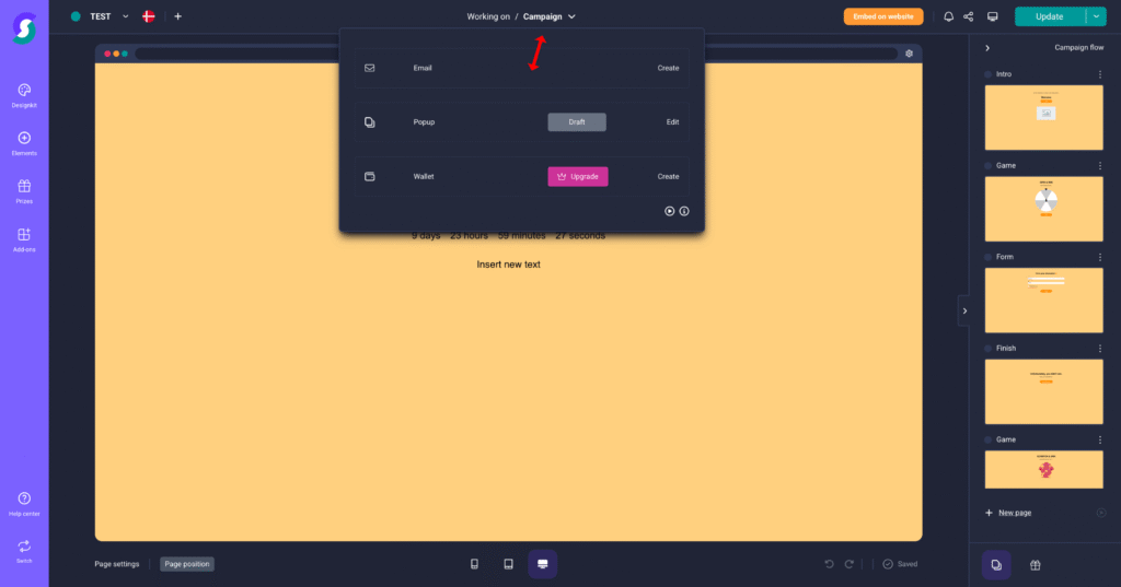 Screenshot eines Gamification-Software Dashboards: Pop-up-Fenster mit Auswahl für E-Mail-, Popup- und Wallet-Gewinnspiel-Kampagnen, rechts Vorlagen für Kampagnen, tanfarbener Hintergrund.