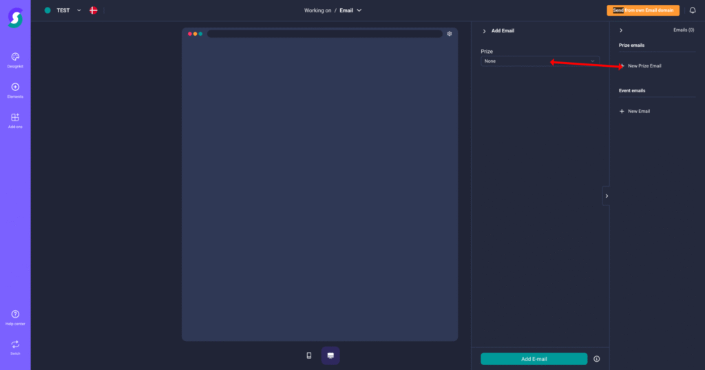 Dunkles E-Mail-Editor-Interface für Gamification-Software mit leerem Nachrichtenbereich und Sidebar für Gewinnspiel-E-Mails; Ein roter Pfeil markiert die Option „Neue Preis-E-Mail“ im Bereich Private E-Mails zur schnellen Auswahl für Wettbewerbe und Aktionen.