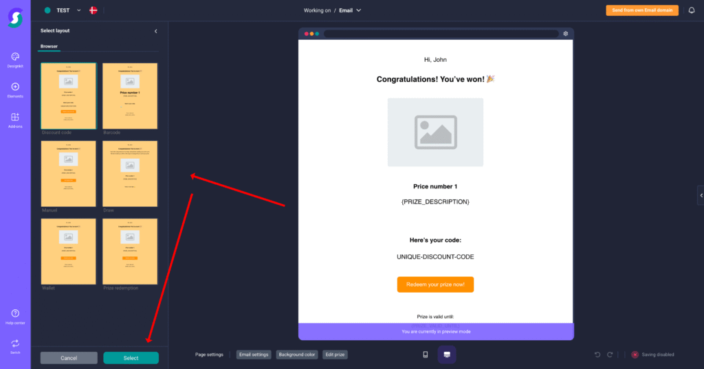 E-Mail-Editor einer Gamification-Software mit Vorlagenübersicht und Vorschau einer Gewinner-Benachrichtigung inklusive Bildplatzhalter und Button zur Freischaltung eines exklusiven Rabattcodes für Gewinnspiele und Wettbewerbe.