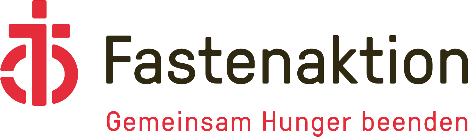 Logo von Fastenaktion mit rotem Symbol und schwarzem Schriftzug „Fastenaktion“; Darunter roter Slogan „Gemeinsam Hunger beenden“ – Engagement gegen Hunger, passend für Gewinnspiele, Wettbewerbe und Gamification-Software.