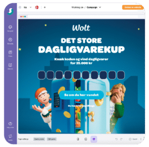 Wolt Gamification-Kampagne: Webseite zeigt DET STORE DAGLIGVAREKUP mit Tresor, Goldmünzen und zwei Comicfiguren; Gewinnspiel mit Glücksrad zum Codeknacken für 35.000 kr. Lebensmittel-Gewinn.