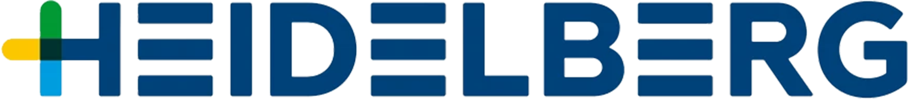 Logo von Heidelberg: Blaues HEIDELBERG-Schriftzug in Großbuchstaben mit abstraktem, farbigem Kreuz-Symbol links (Blau, Gelb, Grün, Grau) – ideal für Gamification-Software, Gewinnspiele und Wettbewerbe.