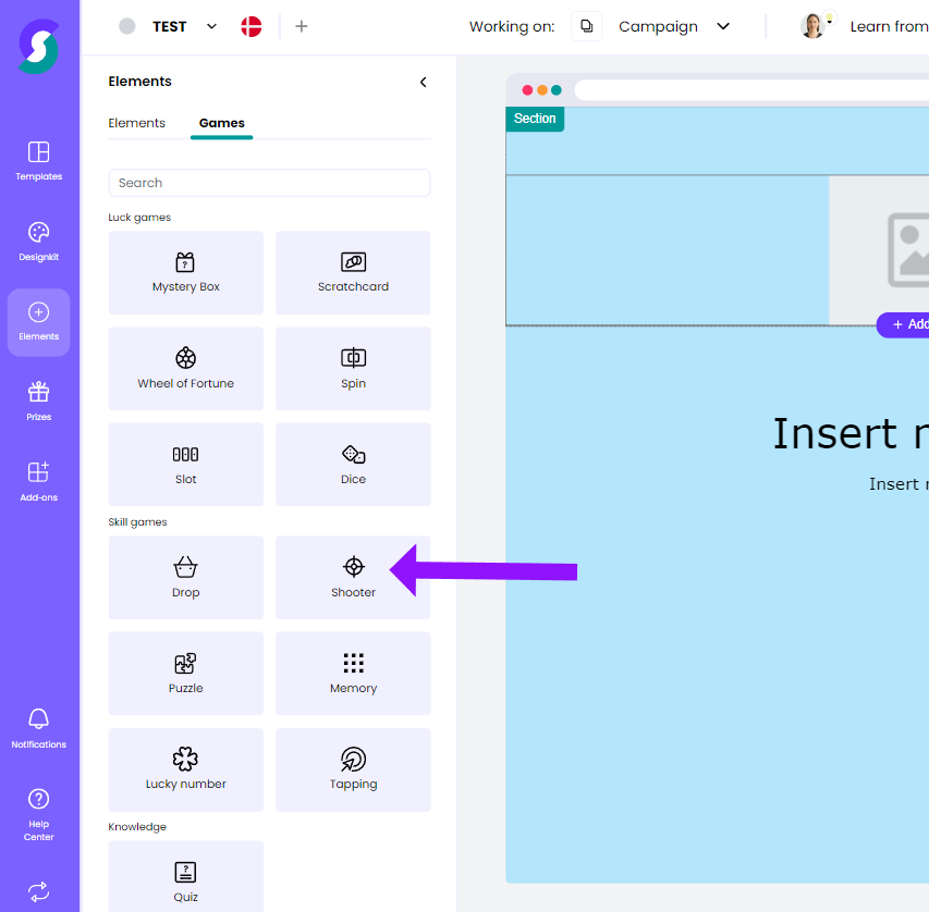 Screenshot einer Gamification-Software: Im Elements-Menü ist „Spiele“ ausgewählt, ein lila Pfeil hebt die Option „Shooter“ im Seitenmenü hervor; Rechts ist der Arbeitsbereich der Plattform für Gewinnspiele und Wettbewerbe zu sehen.