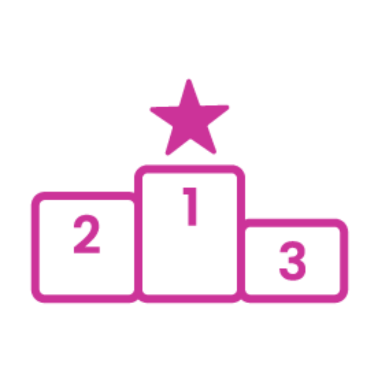 Magenta Podium mit nummerierten Plattformen 2, 1 und 3, goldener Stern über Platz 1 – Symbol für Wettbewerb und Gamification-Erfolg.