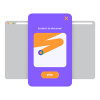 Lila Gamification-Pop-up mit „Scratch to discover!“-Text und orangefarbenem Play-Button über grauem Browserfenster; ideales Beispiel für interaktive Gewinnspiele und Marketingkampagnen mit Rubbellos-Funktion.