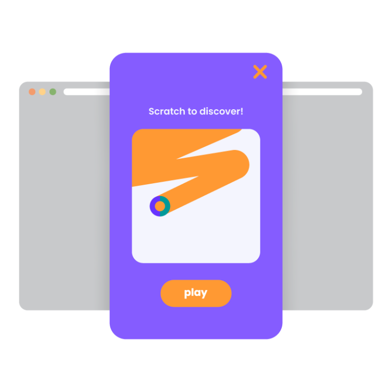 Lila Gamification-Pop-up mit „Scratch to discover!“-Text und orangefarbenem Play-Button über grauem Browserfenster; ideales Beispiel für interaktive Gewinnspiele und Marketingkampagnen mit Rubbellos-Funktion.