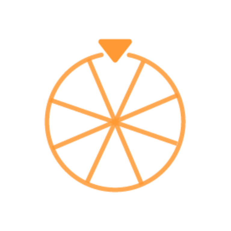 Orangefarbene Kontur eines Glücksrads mit acht Segmenten und einem Dreieck-Zeiger oben, Symbol für Gewinnspiele, Wettbewerbe und Gamification-Software.