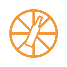 Orangefarbener Umriss einer liegenden Flasche auf einem segmentierten Kreis, angelehnt an das klassische „Flaschendrehen“-Spiel; Ideal für Online-Gewinnspiele, Wettbewerbe und Gamification-Software.