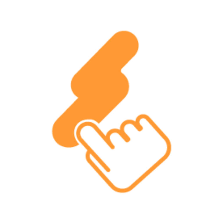 Orange Umriss einer Hand mit ausgestrecktem Zeigefinger berührt ein Blitzsymbol – Symbolbild für Interaktion, Gamification und Gewinnspiele.