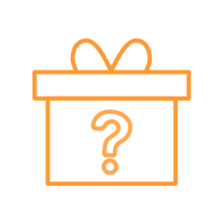 Orangefarbene Umrisslinie einer Geschenkbox mit Schleife und großem Fragezeichen, Symbol für Überraschungsgewinn oder Mystery-Preis in Gamification-Gewinnspielen.