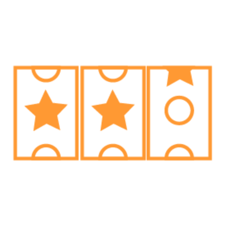 Drei orangefarbene Rechtecke nebeneinander, zwei mit einem großen Stern und eines mit einem Kreis und kleinem Stern – modernes, verspieltes Design für Gamification-Software, Gewinnspiele und Wettbewerbe.