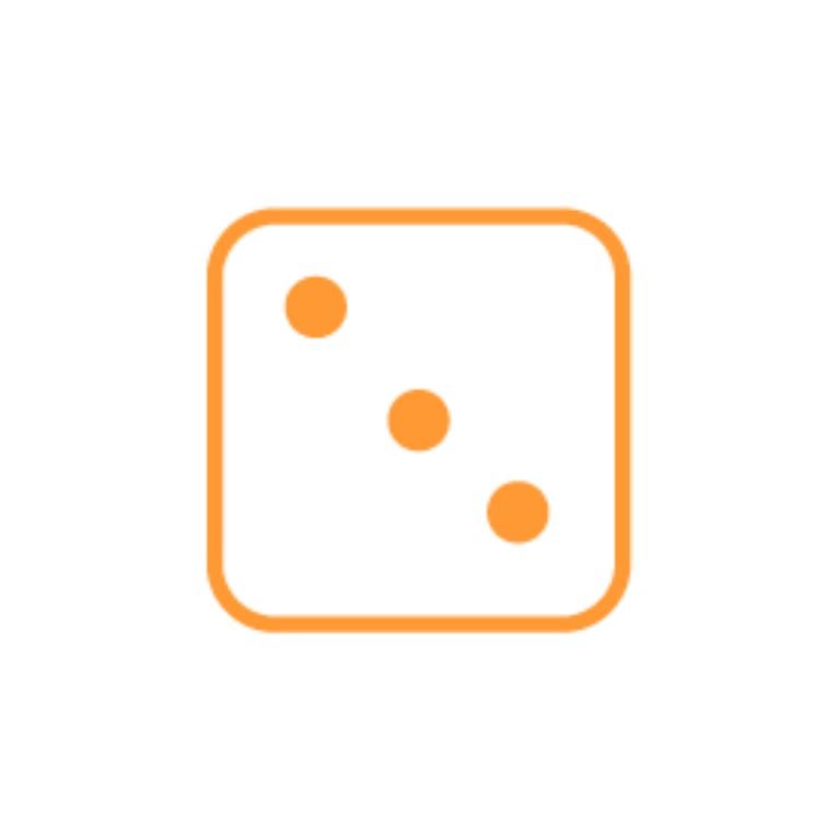 Orange Umriss eines Würfels mit drei diagonal angeordneten Punkten auf weißem Hintergrund, Symbol für Glück und Zufallsspiele in Gamification-Software, Gewinnspielen und Online-Wettbewerben.