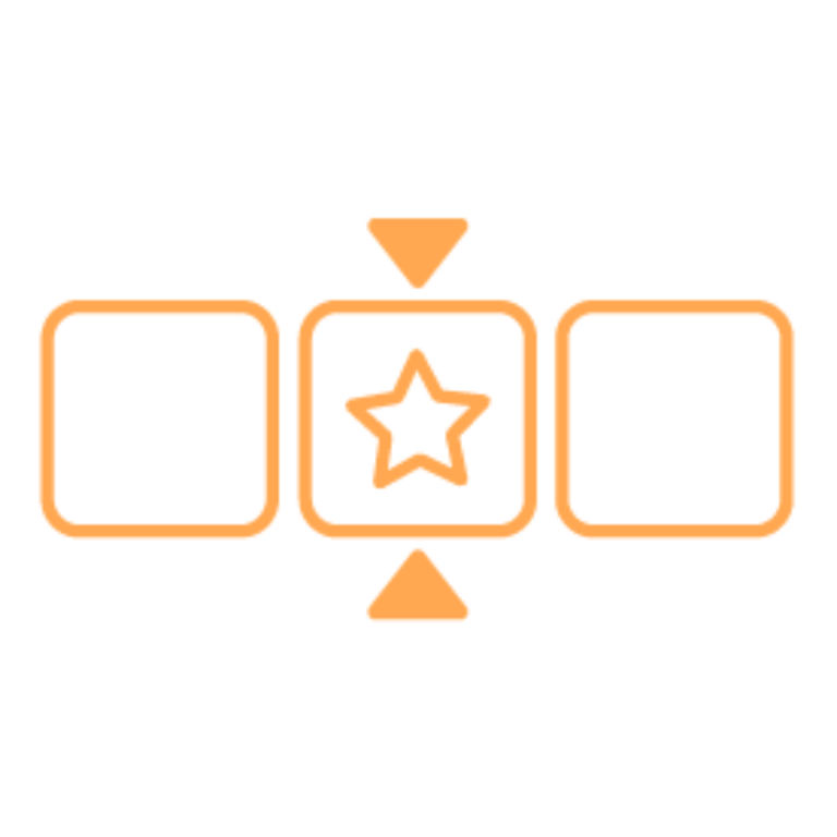 Drei orange umrandete Quadrate in einer Reihe, das mittlere Quadrat mit Stern-Symbol; Orangene Pfeile heben das Gewinn-Quadrat hervor – Symbol für Gamification, Wettbewerbe und Gewinnspiele.