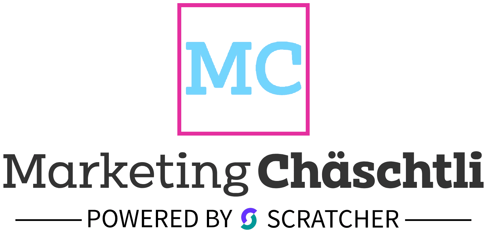 Marketing Chäschtli - Powered by Scratcher Logo von Marketing Chäschtli: Stilisiertes blaues MC in einem rosa umrandeten Quadrat über dem Firmennamen, darunter Slogan „Powered by Scratcher“ – perfekte Darstellung für eine Gamification-Software, Gewinnspiele und Wettbewerbe.