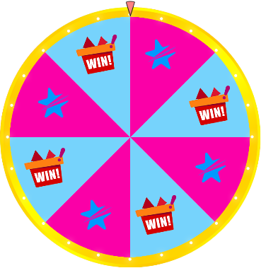 Buntes Gl&uuml;cksrad mit acht Segmenten und farbenfrohem Design: Vier blaue Felder mit &bdquo;WIN!&ldquo;-K&ouml;rben, vier rosa Felder mit blauen Sternen, gelber Rand und roter Zeiger &ndash; ideal f&uuml;r Gamification-Software, Gewinnspiele oder Wettbewerbe.