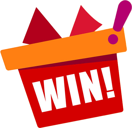 Rote Geschenkbox mit „WIN!“-Aufschrift, orangefarbenem Deckel und Konfetti auf gelbem Hintergrund – Symbol für Gewinnspiele, Wettbewerbe und Gamification-Software.