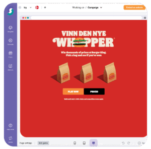 Gewinnspiel-Seite mit rotem Hintergrund zeigt VINN DEN NYE WHOPPER, zwei Burger King Papier-Tüten sowie Buttons für JETZT SPIELEN und PREISE zum Mitmachen bei Gamification-Wettbewerben und Gewinnen von Burger King Preisen.