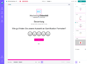 Umfrage zu Gamification-Formaten auf Marketing Themen: Fünf Smileys zur Bewertung, pinker „Senden“-Button und interaktive Elemente als Beispiel für Gewinnspiel- und Wettbewerbssoftware.