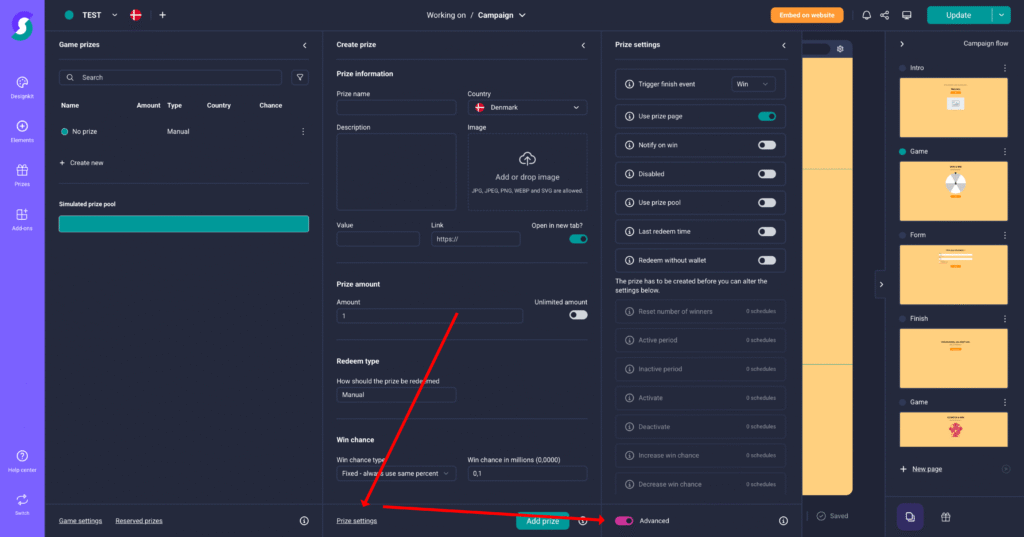 Dunkles Gamification-Dashboard zeigt Einstellungen zur Preiserstellung in einer Kampagne; Ein roter Pfeil verbindet „Aktionen anzeigen“-Button mit grüner „Aktion hinzufügen“-Option – Nutzerführung für Gewinnspiel- und Wettbewerbssoftware.