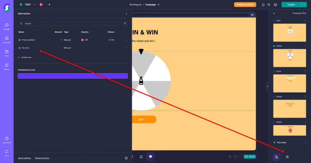 Kampagnen-Builder-Interface einer Gamification-Software auf einem Computerbildschirm mit Glücksrad rechts und Einstellpanel für Spielpreise links; Ein roter Pfeil zeigt vom Panel auf das „Lose“-Feld unter „Game“.