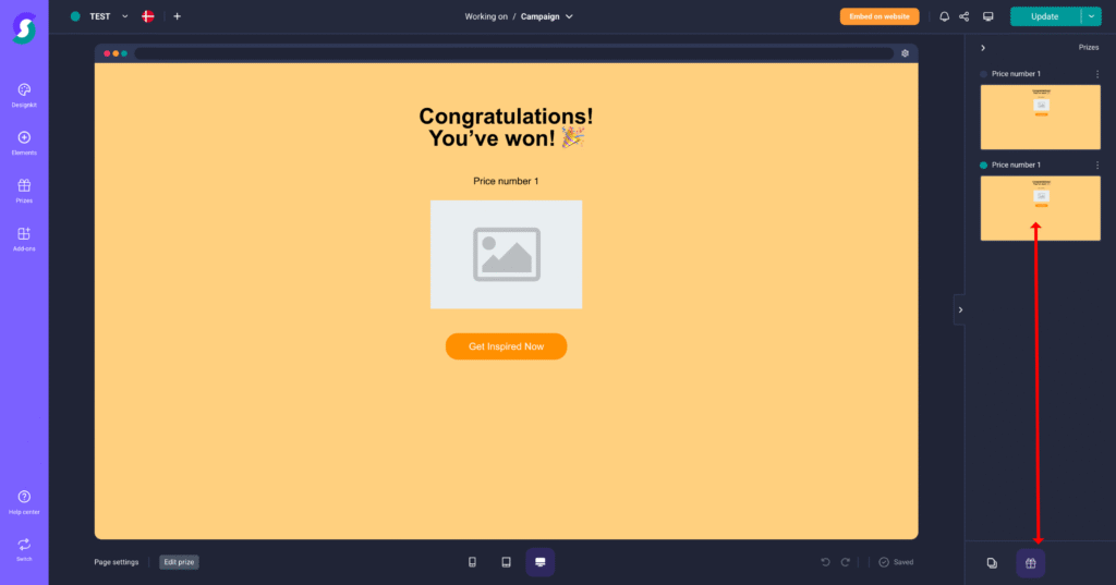 Gewinnspiel-Bildschirm mit „Herzlichen Glückwunsch! Sie haben gewonnen!“ und Preis Nr. 1, dazu orangefarbener „Get Inspired Now“-Button auf gelbem Hintergrund – ideales Beispiel für Gamification-Software, Gewinnspiele und Wettbewerbe.