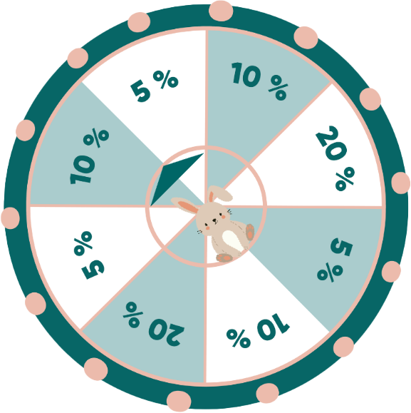 Gl&uuml;cksrad Gamification Wheel mit acht t&uuml;rkis- und pfirsichfarbenen Feldern mit Rabatten (5%, 10%, 20%), Cartoon-Hase in der Mitte, Pfeil zeigt auf 5%-Rabatt &ndash; ideales Beispiel f&uuml;r Gamification-Software und Online-Gewinnspiele.