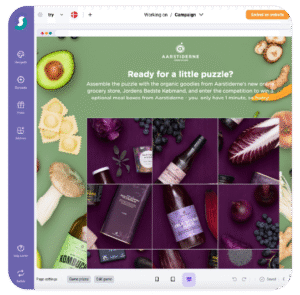 Grüner Flat-Lay-Puzzle mit Bio-Lebensmitteln wie Avocado, Brot, Wein, Käse und Gemüse – Gewinnspiel zu Gamification-Software für Meal-Box-Gewinne mit frischen Bio-Zutaten von Aarstiderne.