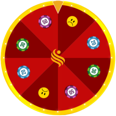 Rotes Gl&uuml;cksrad mit acht Feldern, Pokerchips (20, 30, 50) und gelben Traurig-Emojis, gelbem Rand und Zeiger &ndash; ideales Gamification-Element f&uuml;r Gewinnspiele und Wettbewerbe.