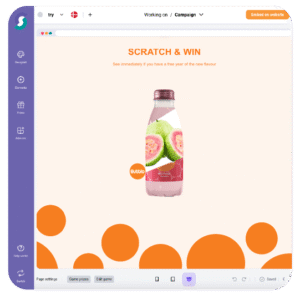 Flasche Bubblé-Getränk mit pinker Guave neben frischer Guavenfrucht auf Gewinnspiel-Seite; Text „SCRATCH & WIN“ bewirbt Sofort-Gewinnchance für neue Geschmacksrichtung, ideal für Gamification, Gewinnspiele und Wettbewerbe.