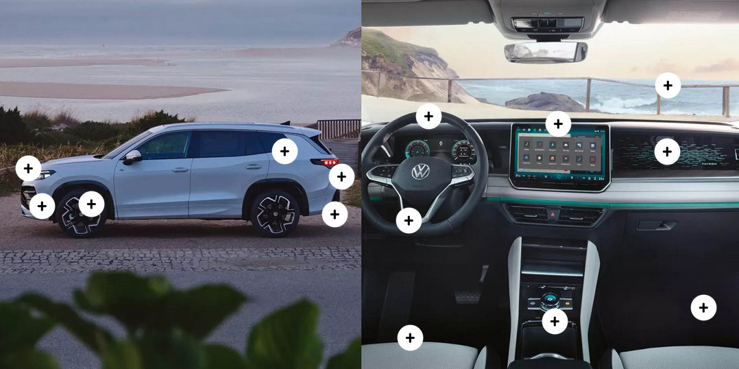 Linke Bildh&auml;lfte zeigt einen wei&szlig;en Volkswagen SUV am Strand, rechte Bildh&auml;lfte pr&auml;sentiert das moderne Interieur mit Dashboard, Touchscreen und markierten Features &ndash; ideales Beispiel f&uuml;r attraktive Preise in Gewinnspielen, Wettbewerben oder Gamification-Software.
