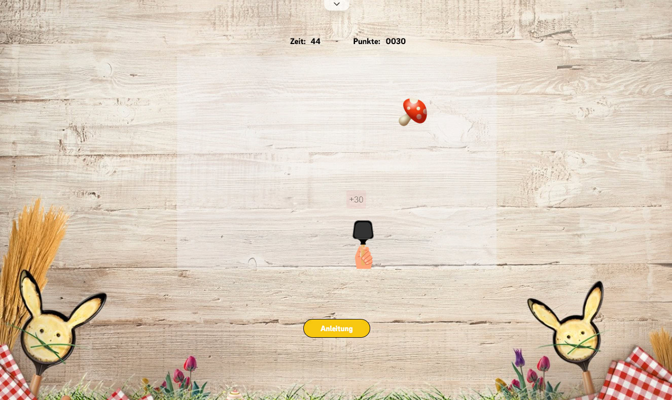 Spielbildschirm eines Gamification-Gewinnspiels, bei dem ein digitaler Pilz in einem Korb gefangen werden muss; Punktestand 30, verbleibende Zeit 44 Sekunden, mit Holz-Hintergrund, Blumen, Weizen und zwei Hasengesichtern – ideal für Wettbewerbe und Online-Spiele.