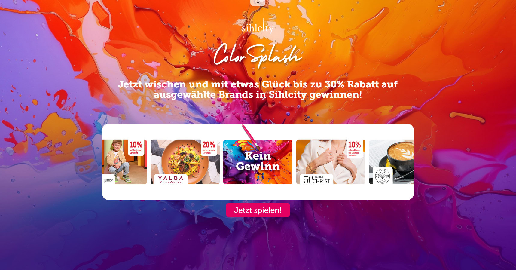 Buntes Sihlcity Gl&uuml;cksrad-Gewinnspiel: Bis zu 30% Rabatt auf Marken, Produktbilder, &bdquo;Kein Gewinn&ldquo;-Karte und pinker &bdquo;Jetzt spielen!&ldquo;-Button &ndash; Gamification-Software f&uuml;r effektive Online-Gewinnspiele.